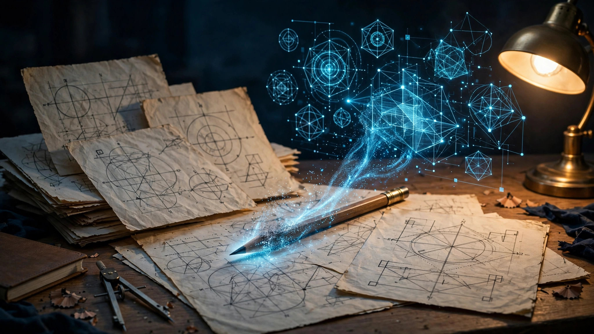 A pencil dissolving into AI-drawn mathematical diagrams