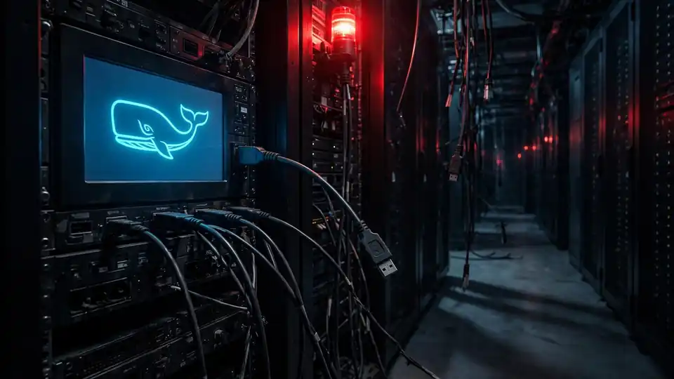Government server racks with a glowing screen showing a whale emblem being unplugged, red warning light in a dim data center corridor