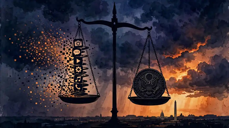 A scale of justice weighing dissolving glowing app icons against a heavy stone federal seal under a stormy Washington sky