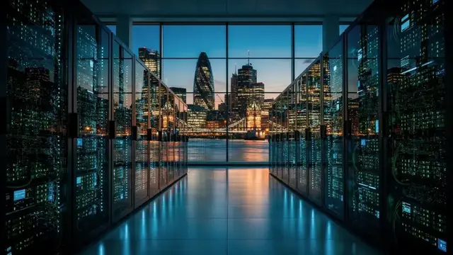 Inside a modern data center, rows of servers powering AI workloads
