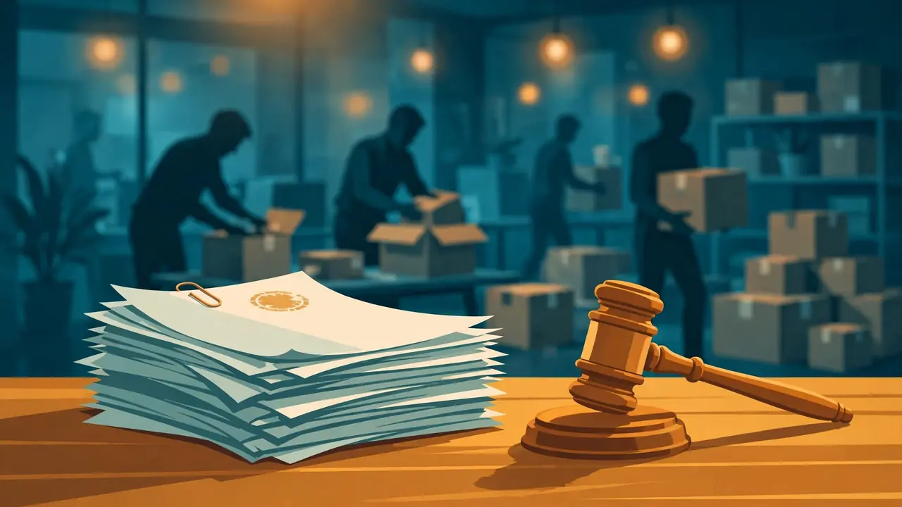 Illustration of bankruptcy court documents and a gavel beside packed office boxes