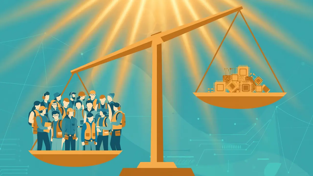 Illustration of a balance scale tipped toward a crowd of engineers against a small pile of computer code