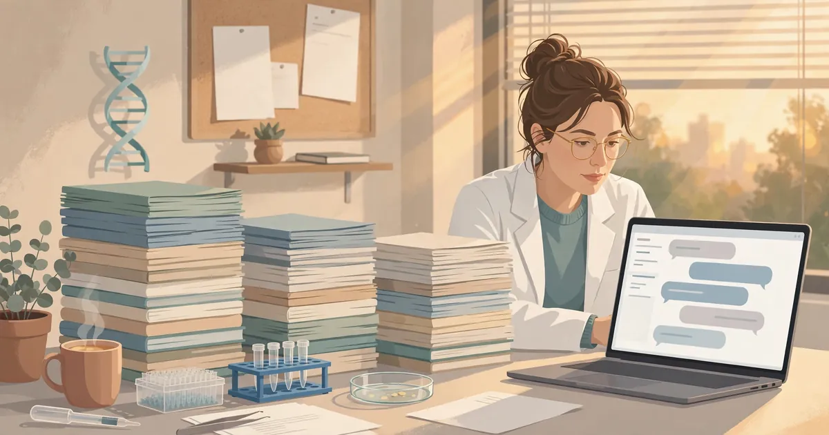 A researcher at a desk with a laptop showing a chat interface beside stacks of medical journal papers