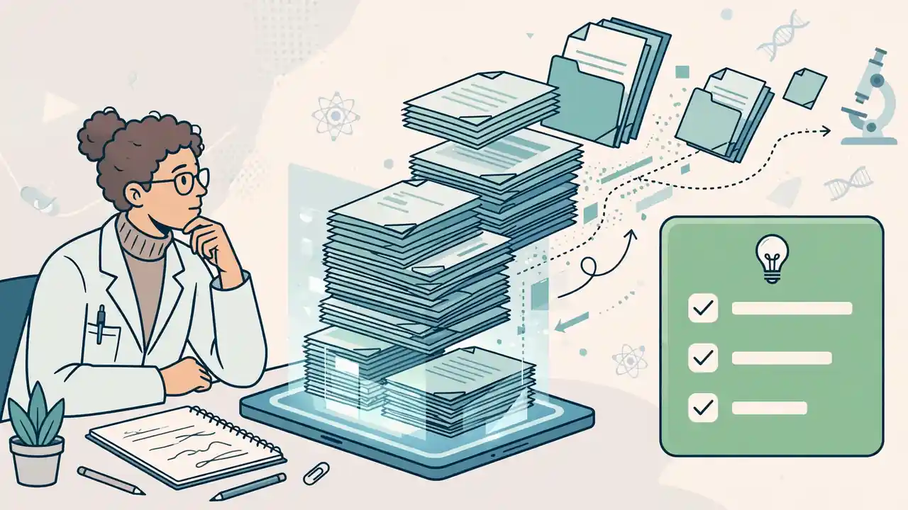 A researcher questioning a digital archive of validated medical literature as documents resolve into a concise summarized answer