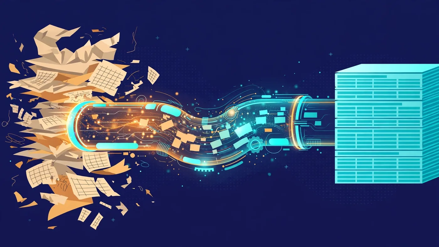 Messy paper documents flowing through a glowing pipeline and emerging as neat structured digital pages