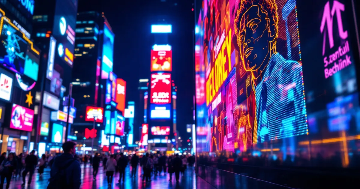 LED digital billboards glowing over a city street at night, with pedestrians below