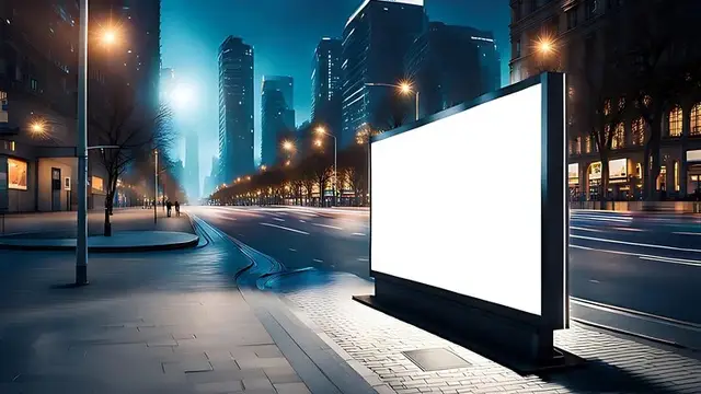 A blank digital signage screen on a city street at night, ready for its first advertisement
