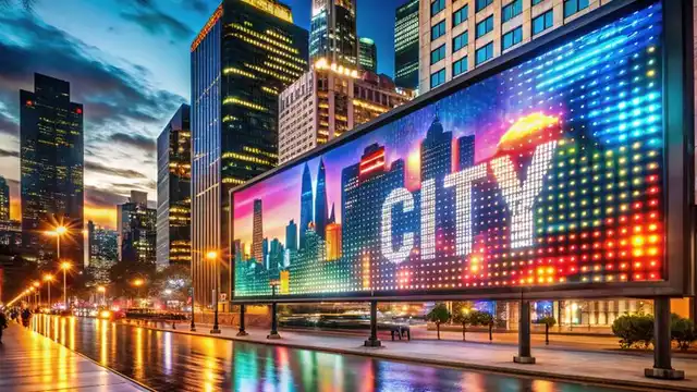 A large LED billboard displaying a colorful city graphic above a wet street at dusk
