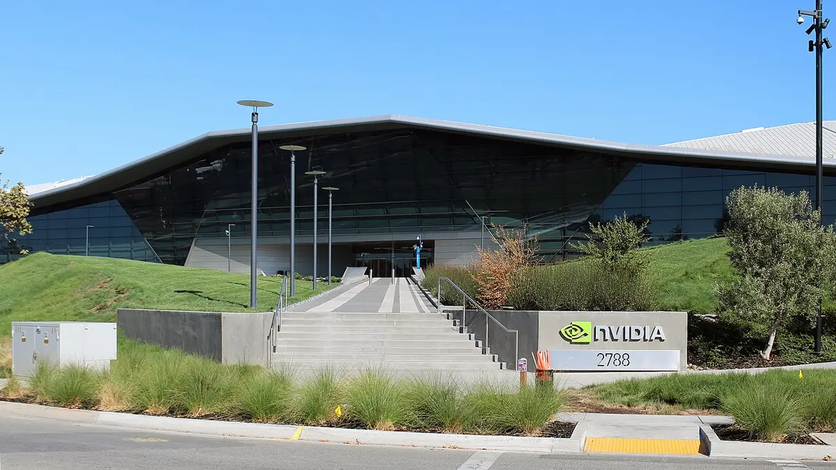 The Nvidia headquarters building in Santa Clara, California, with the company sign in front