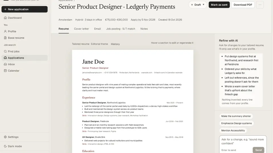 A Dossier application: the tailored resume beside the chat that refines it