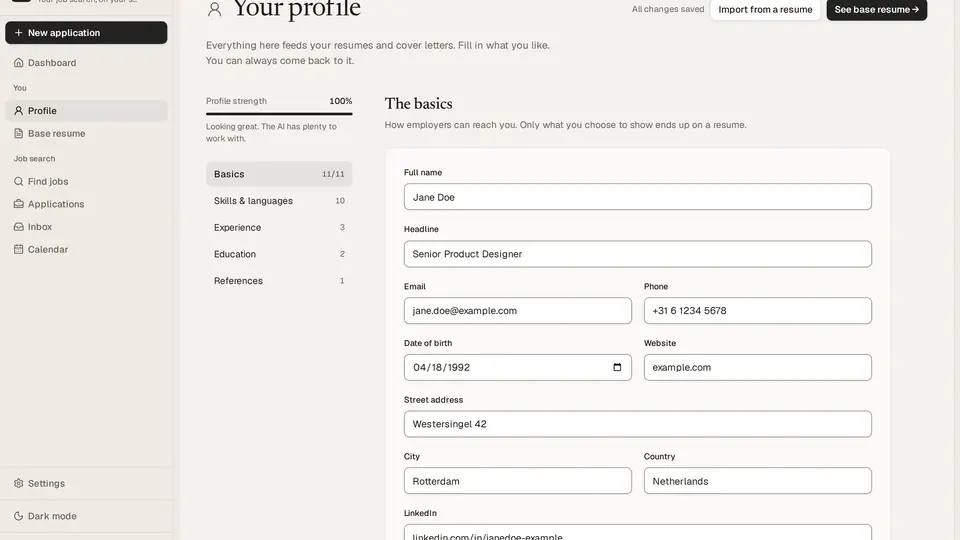 The Dossier profile editor, with its sections and strength meter
