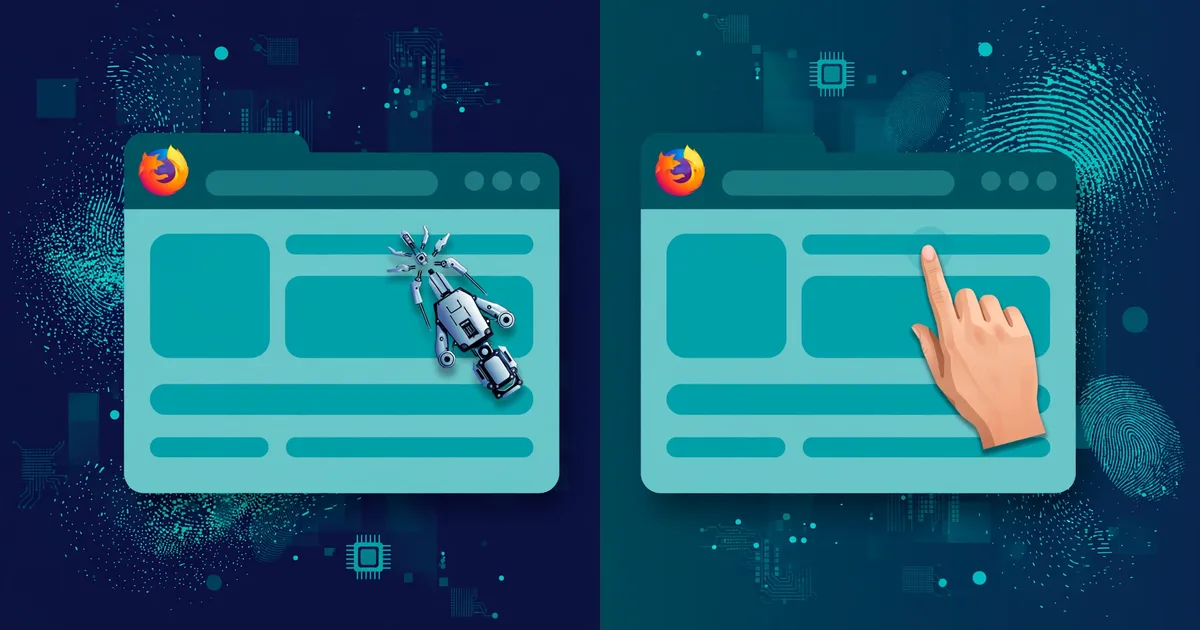 A robot cursor and a human finger clicking identical browser windows side by side, surrounded by dissolving digital fingerprints