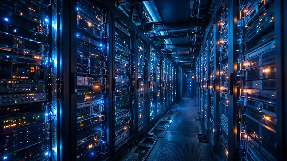 A modern data center corridor with glowing server racks, representing the compute infrastructure doubleAI’s Maxwell aims to use more efficiently