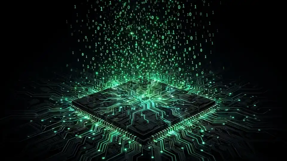 A microprocessor with glowing circuit traces and rising binary digits, illustrating doubleAI’s ‘between code and silicon’ concept