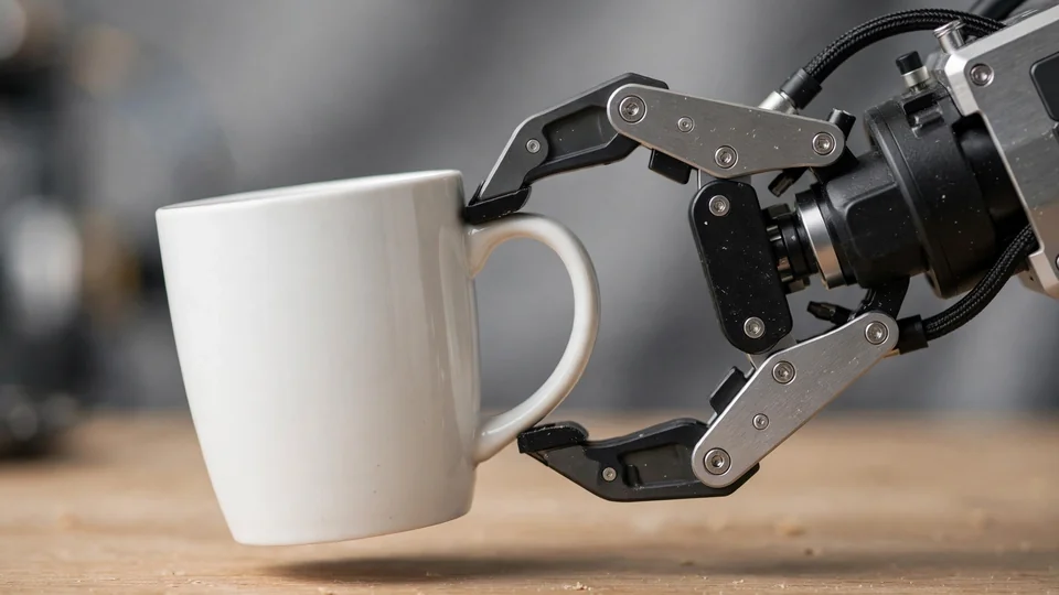 A robot gripper picking up a coffee mug