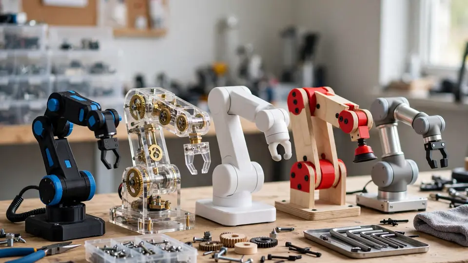 Desktop robot arms of different designs on a workbench
