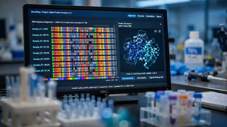 A lab monitor showing DNA sequence alignments and protein structure visualizations