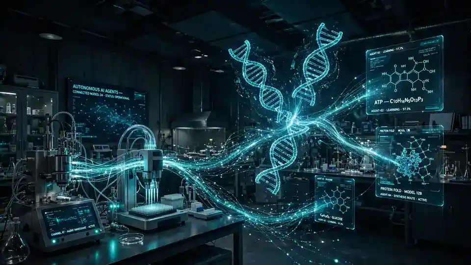 An abstract visualization of AI agents connecting lab instruments and molecule diagrams