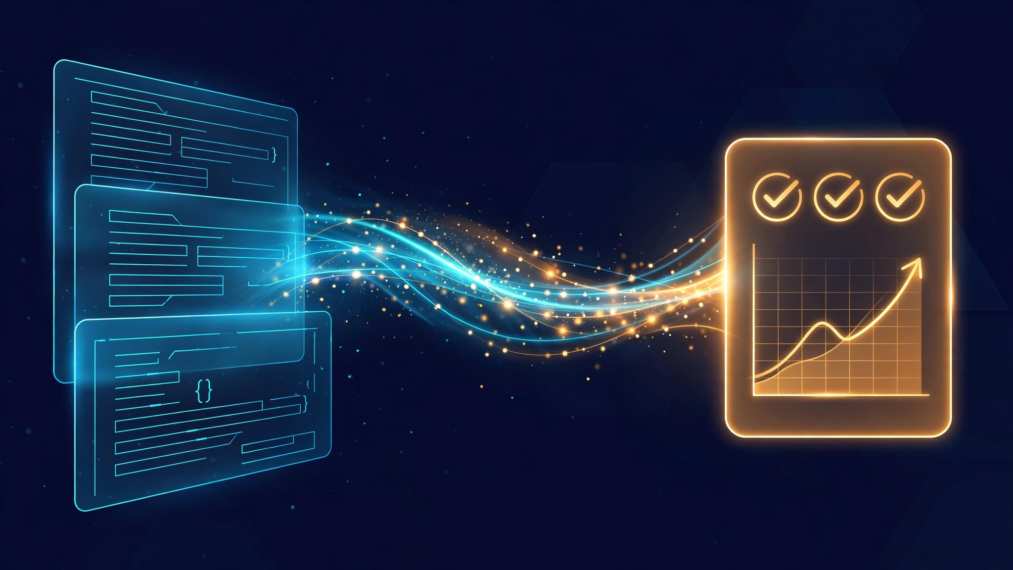 AI-generated editorial illustration: panels of Python code on the left flow through a luminous pipeline and emerge on the right as a polished, optimized prompt document with checkmarks and a rising accuracy chart