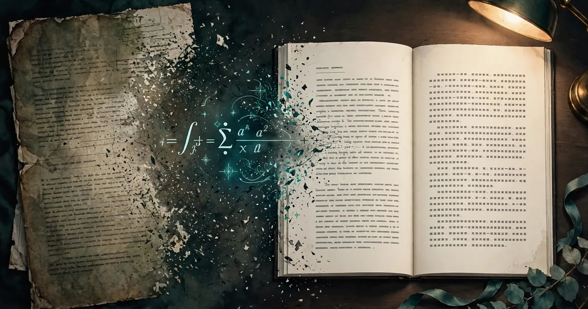 Illustration of a research paper dissolving into a beautifully typeset bilingual book, with a glowing formula floating between the pages