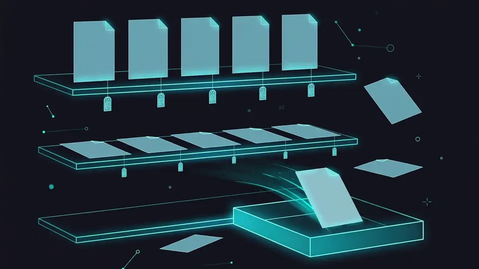 Illustration of a personal research library: documents organized on glowing shelves with citation tags