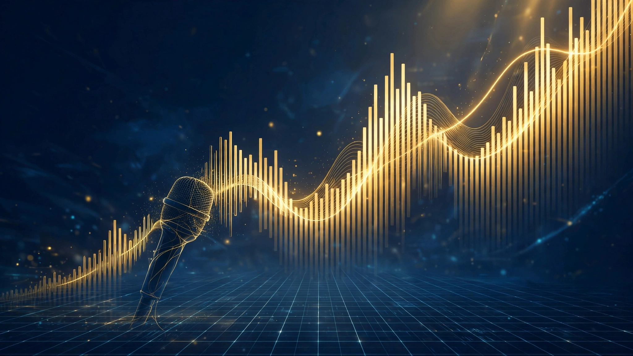 Golden sound waves rising like a chart against a dark blue background