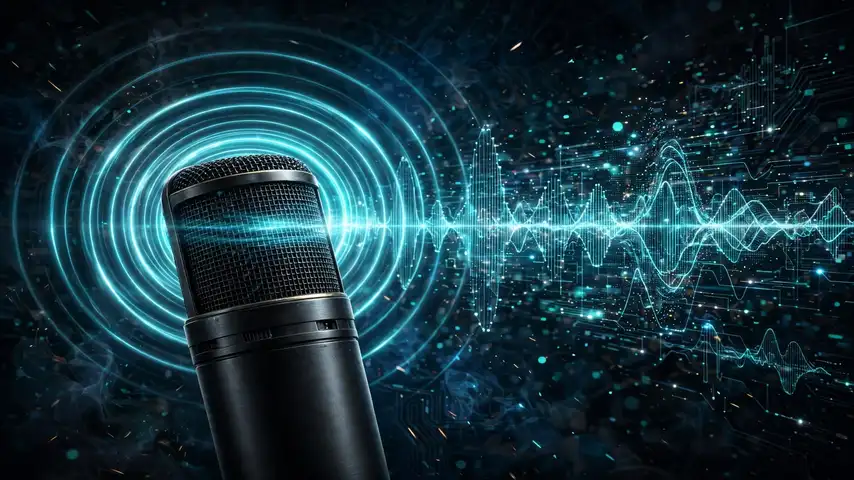 Studio microphone emitting glowing sound waves dissolving into digital waveforms