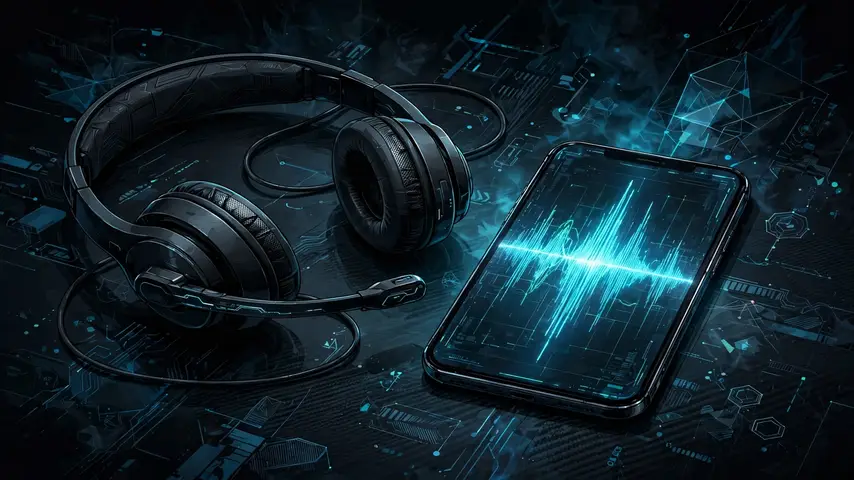 Support headset on a desk next to a smartphone showing a live audio waveform