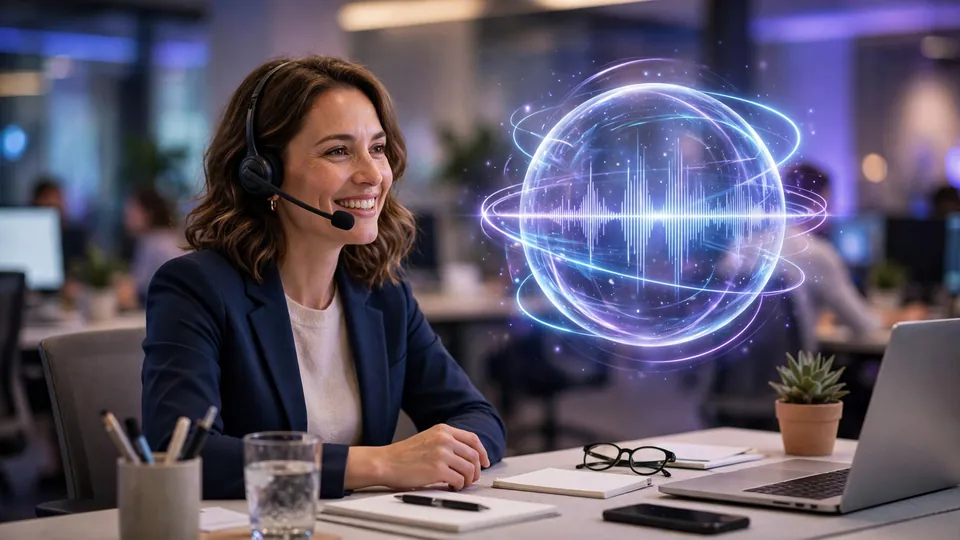 Illustration of a customer-service agent smiling beside a glowing AI voice orb