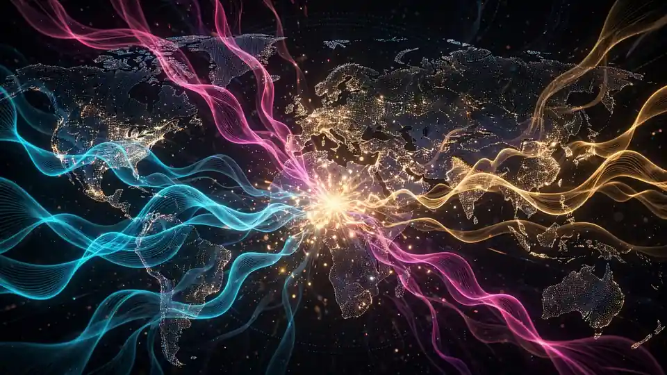 Illustration of luminous voice-waveform ribbons streaming across a glowing world map