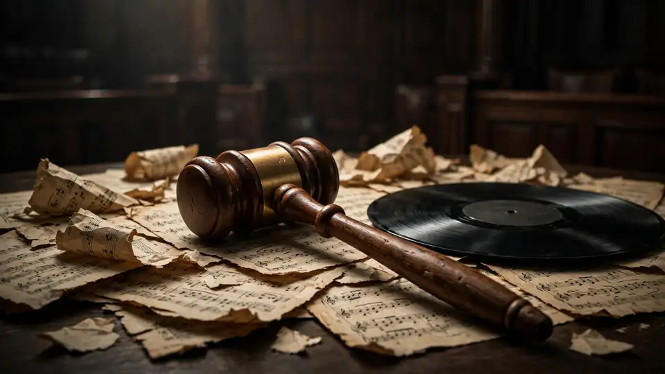 A judge's gavel resting on torn sheet music beside a vinyl record