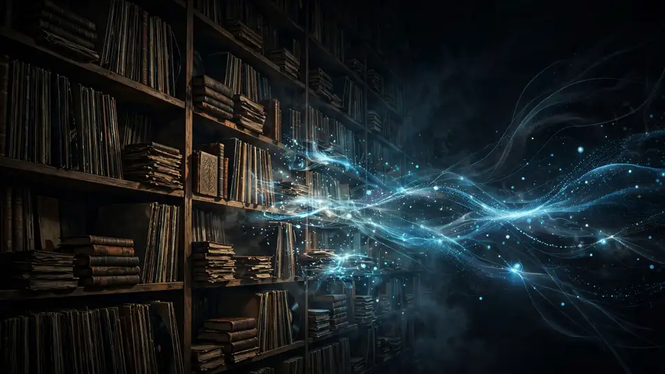 Shelves of records and songbooks dissolving into streams of digital data