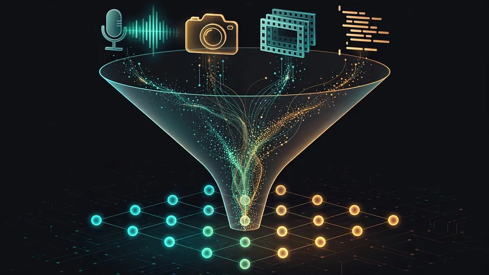 An abstract funnel diagram where icons for audio, images, video and code flow in and emerge as glowing vector dots in a 3D grid.