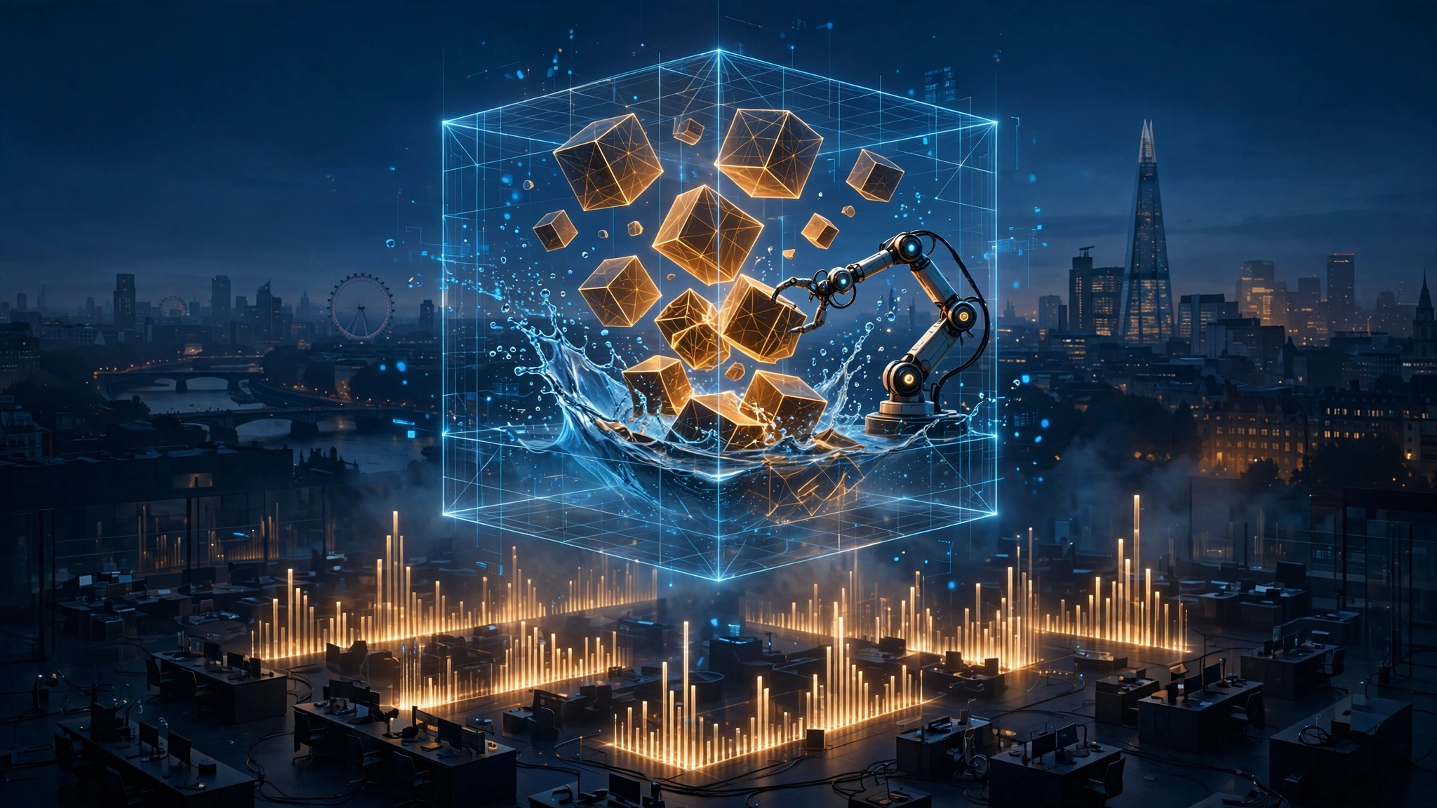 A glowing simulation cube with tumbling blocks and a robot arm over a night-time London skyline and rising data charts