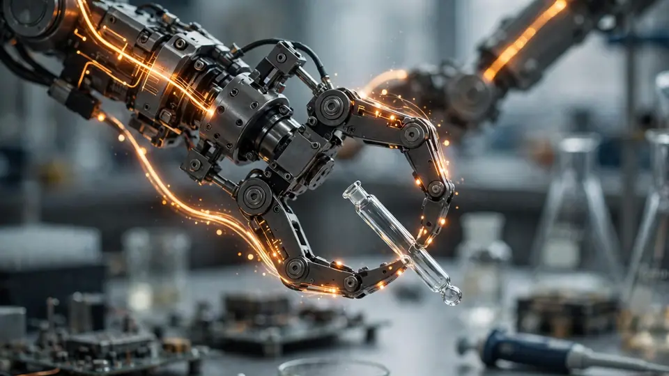 Robot gripper arm handling a fragile glass component with glowing force-feedback trails along its joints