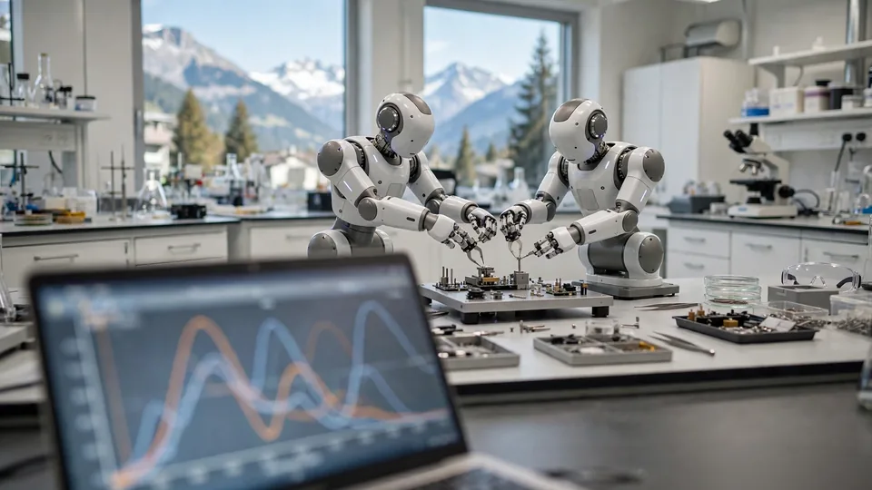 Two humanoid robot arms performing precision assembly in a Zurich laboratory