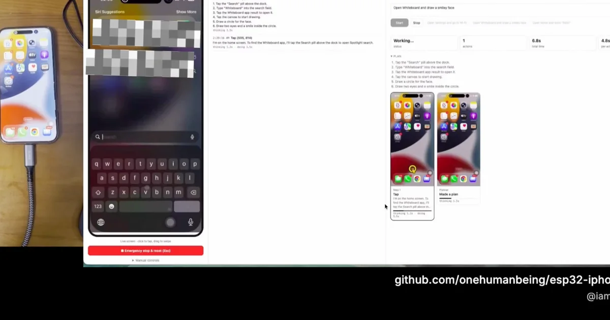 A real iPhone with a tiny ESP32-S3 board plugged into its USB port, next to the project's web UI showing the live mirrored screen