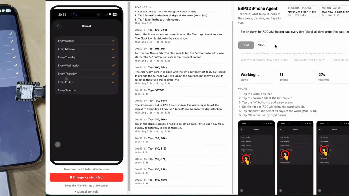 The alarm task in progress: the real iPhone with the ESP32 board plugged in, the mirrored Repeat-days screen, the live log, and the step wall