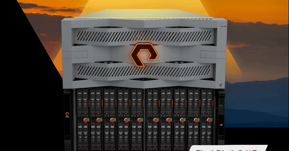 Everpure FlashBlade storage array set against a sunset sky