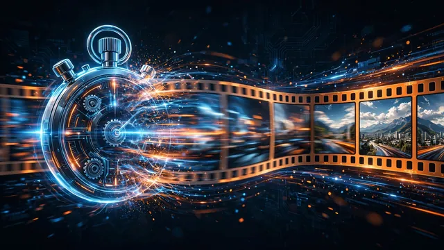 Stopwatch morphing into a film strip, frames racing from blurred to sharp