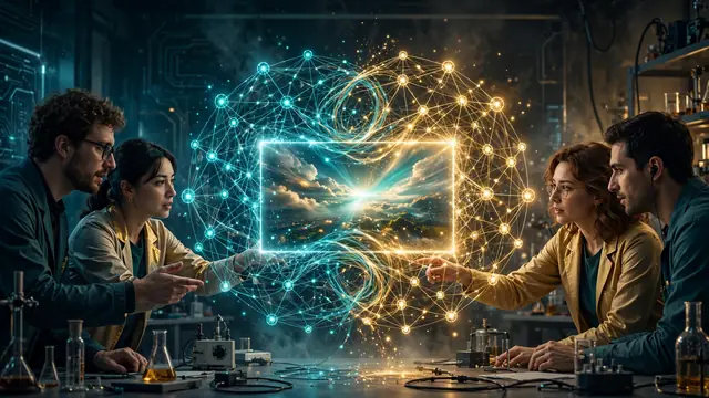 Two glowing neural-network nodes merging into a single radiant video frame