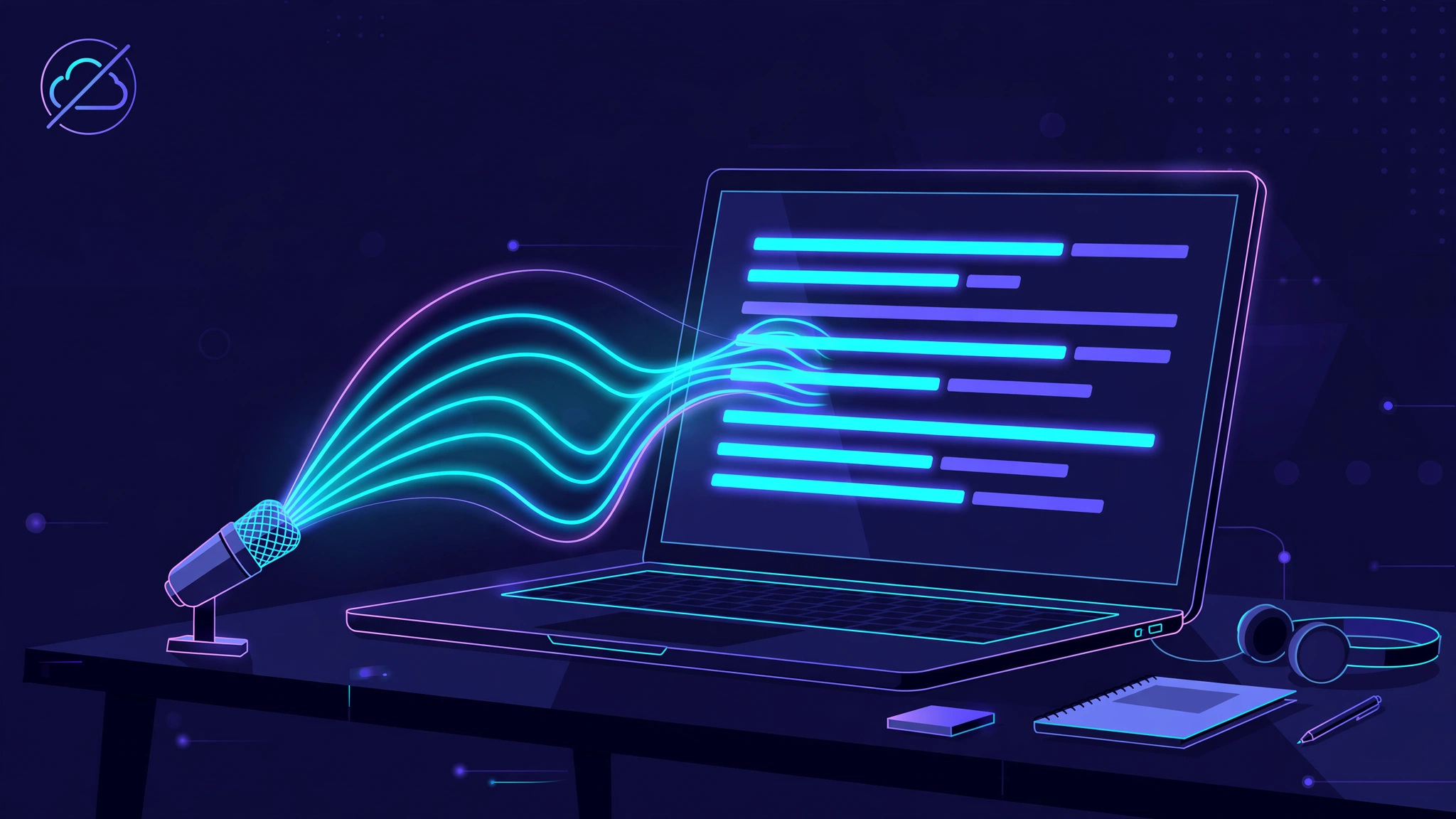 Editorial illustration: sound waves flow from a microphone into a laptop and emerge as lines of text, with a crossed-out cloud icon signaling fully offline transcription