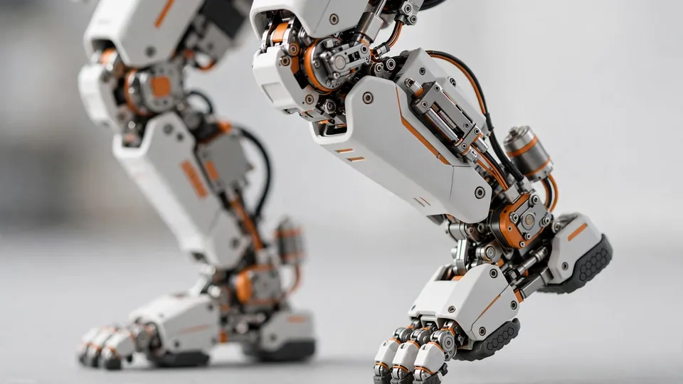 AI-generated illustration of the FF Nova humanoid robot's bipedal legs and jointed actuators mid-step