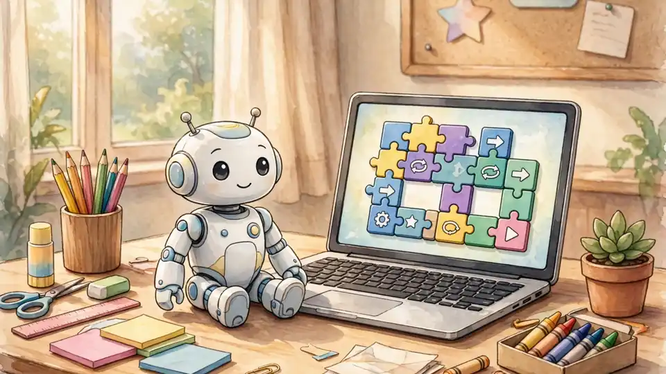 AI-generated illustration of a small humanoid robot in a classroom next to a laptop showing block-based programming