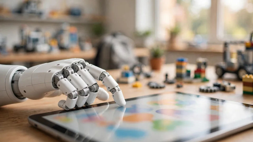 A white humanoid robot interacting with students' tablets in a bright classroom
