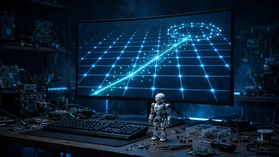 A developer workstation with code on screen and a small humanoid robot prototype on the desk