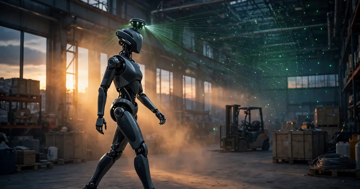 A humanoid robot walking through an industrial warehouse at dusk, sensor beams scanning the environment