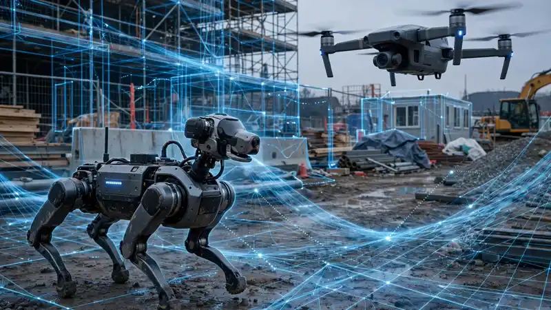 A robot dog and drone navigating an active construction site with a glowing digital twin overlay of the surroundings