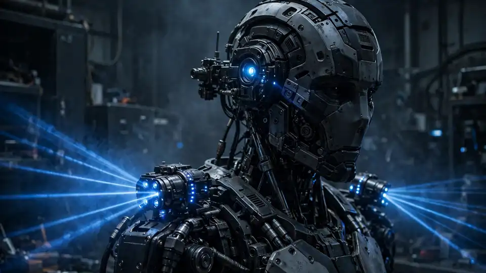 Close-up of a humanoid robot's sensor head scanning with blue light beams in a dark industrial lab