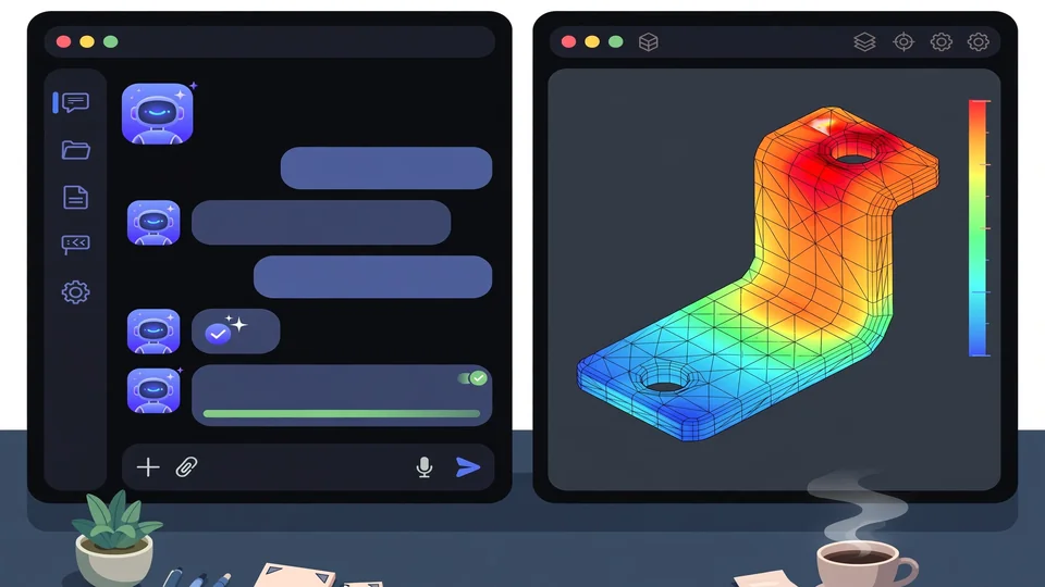 A coding agent chat window beside a 3D viewport showing a meshed bracket with stress contours